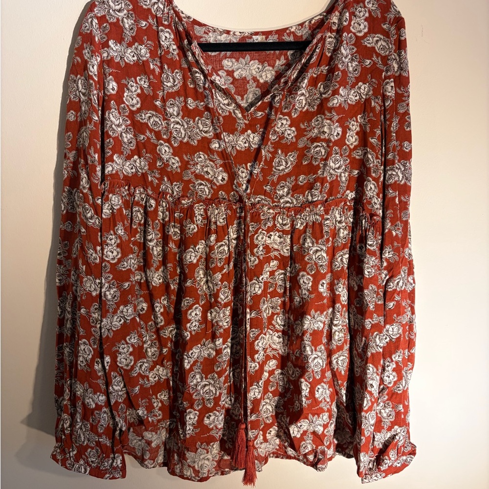 Stevie Hender Rust Floral Split Sleeve Boho Fall Blouse Size M